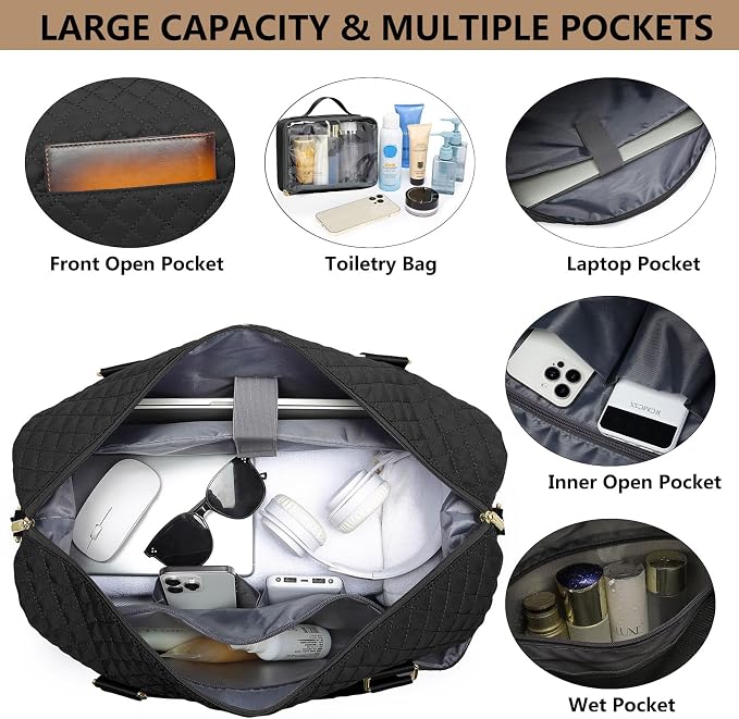 Large Women Travel Duffle Bag - Carry on Overnight Bags Weekend Travel Duffel Tote with Wet Pocket Weekender for Travel Business Trips Sports Hospital Black 3 Pcs Set - Image 3