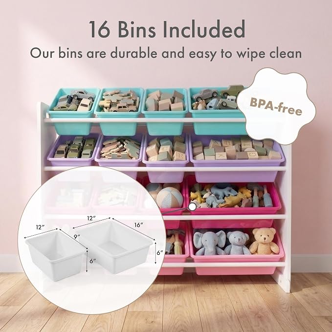 Humble Crew Kids Toy Organizer with 16 Bins, 4 Tier Storage for Playroom | Sturdy wood and steel toddler shelf, removable BPA-free containers, wall anchor anti-tip safety kit for bedroom or classroom - Image 3