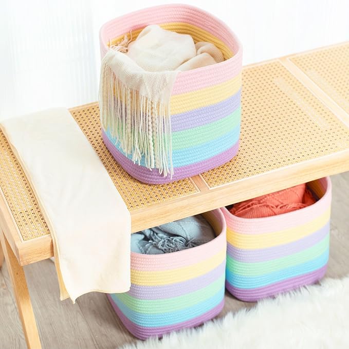 3-Pack 11x11in Woven Cube Storage Bin and Shelf Baskets, Cute Decorative Square Organizer for Closet, Classroom, Bathroom, Dog and Cat Toys, and Books, Pastel Rainbow - Image 6