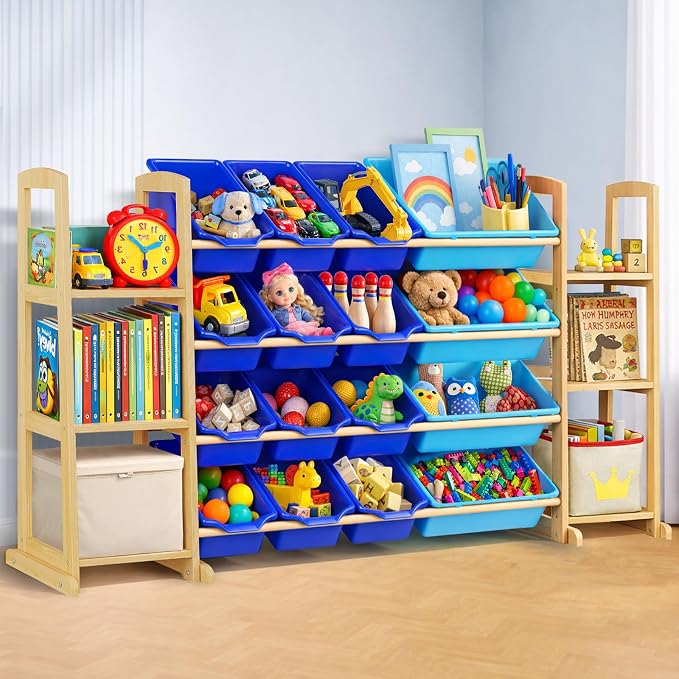 Kids Toy Storage Organizer with Bookshelf – Wooden Shelf with 16 Bins & 6 Shelves, Quick Assembly Storage Rack for Playroom, Bedroom, Nursery - Blue by KidsToyStorageOrganizer