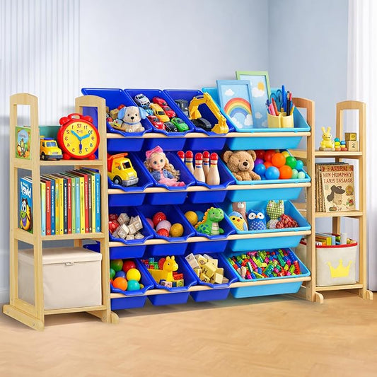 Kids Toy Storage Organizer with Bookshelf – Wooden Shelf with 16 Bins & 6 Shelves, Quick Assembly Storage Rack for Playroom, Bedroom, Nursery - Blue by KidsToyStorageOrganizer
