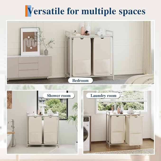 Garvee 97L Laundry Basket 2 Section, Laundry Hamper with Shelf & 2 Removable Bags, Dirty Clothes Basket Organizer for Bathroom Bedroom Room Organization, 2 x 12.8 Gal (48.5L), White and Beige | Laundry Basket with Shelf & 2 Removable Bags, Dirty Clothe... - Image 7