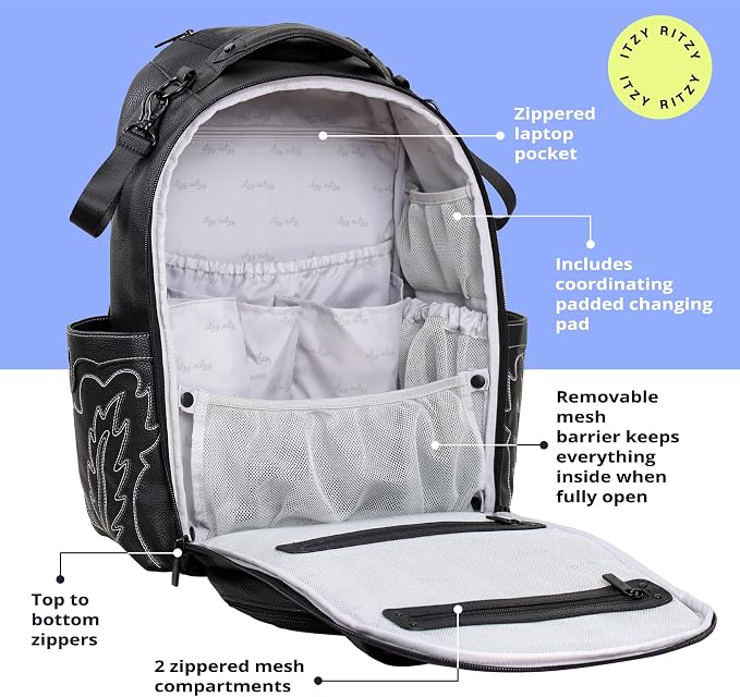 Itzy Ritzy Boss Plus Diaper Bag Backpack with 19 Pockets (Outlaw Black) | Large Diaper Bag Backpack Includes 2 Insulated Bottle Pockets, Changing Pad, Stroller Clips, Padded Straps, Travel-Ready - Image 5