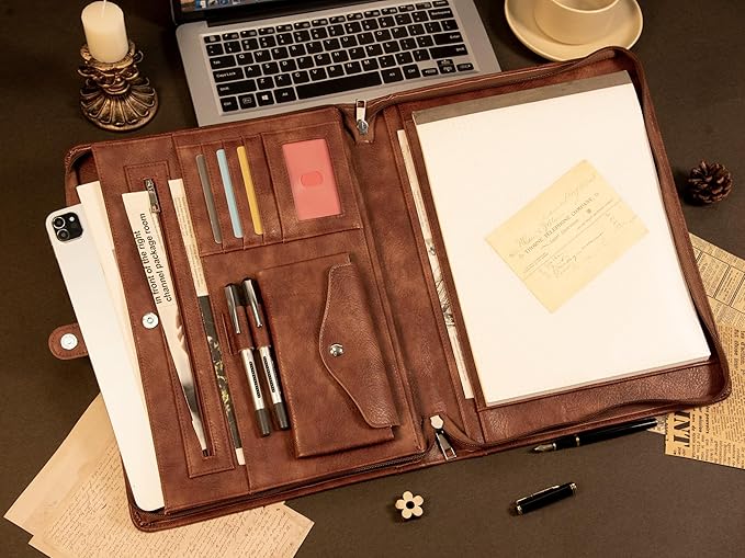 AZXCG Portfolio with Handle,Leather Padfolio for Men,Business Padfolio Organizer for Women,Portfolio Binder with Pockets Letter Size A4 Writing Pad Notepad - Image 5