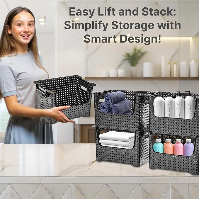 Large Stackable Storage Bins Open Front for Pantry Storage, 4 Pack - Black | Sturdy Plastic, Easy Stacking, Open Front Access, Ventilated Sides, Vertical & Space Saving Pantry Organizers and Storage Bin - Image 7