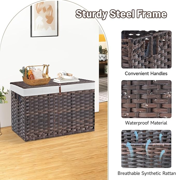 240L Wicker Storage Basket with Lid, Handwoven Rattan Large Shelf Basket with Removable Liner, 63.5 Gallon Wicker Basket for Blanket, Storage Trunk with Handle for Closet, Bedroom, Livingroom, Brown - Image 6