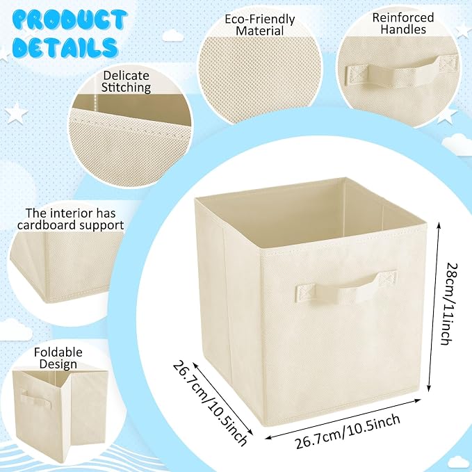 Yinder 12 Pcs Cube Storage Bin Beige 10.5''x10.5''x11'' Storage Bins for Playroom Decor Colorful Bins for Kids Foldable Baskets for Nursery Organizer Boxes Fabric Boxes - Image 2