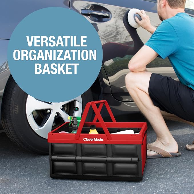 CleverMade Collapsible Shopping Basket, 32L Storage Crate, 1 Pack, Red | Carry Bigger Grocery Hauls with Confidence | Rigid Walls Hold 35 lb, While Top and Side Handles Balance the Load - Image 5