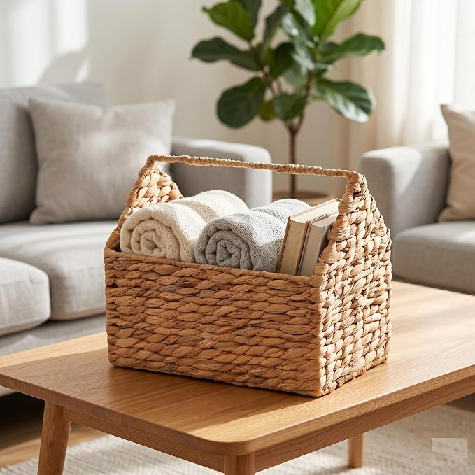 NAYA 13.7" House Water Hyacinth Storage Basket – Shelf Organizer | Handwoven water hyacinth basket design for toys, books and nursery organization. - Image 8