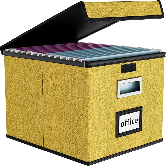 File Organizer Box with Lids, Collapsible File Folder Organizer | File Box with Plastic Slides for Office Document Storage, Filing Bin for Letter Size Hanging File Folders (1 Pack, Yellow) by Huolewa