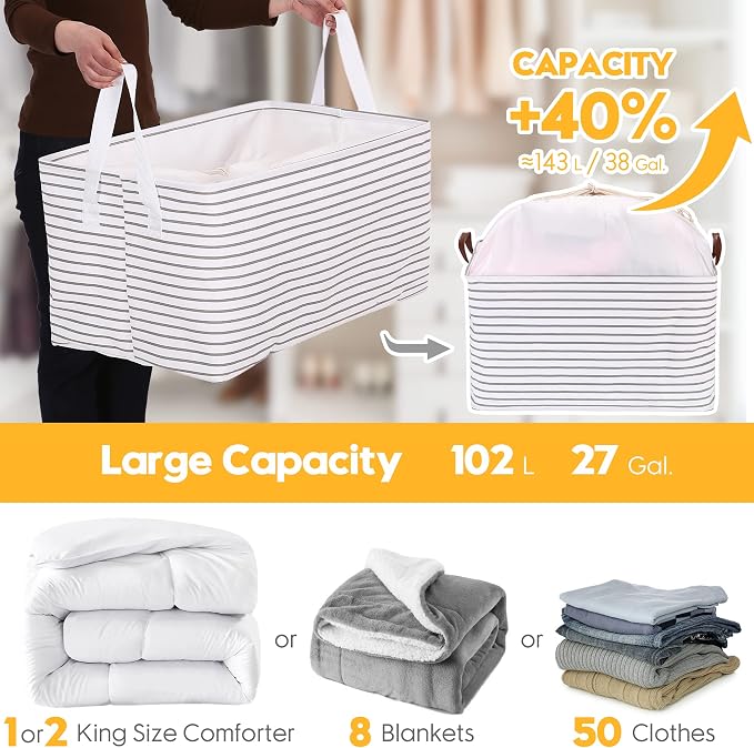 Hinwo 102L XXL Canvas Storage Bin with Lid and Handles, 4-Pack | Collapsible Fabric Baskets, Closet Shelf Organizers, Containers for Clothing, Blankets, Toys, Bedding (Black Stripe) - Image 4