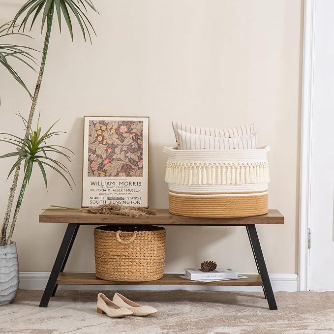 KAKAMAY Large Blanket Basket (20"x13"),Woven Baskets for storage Baby Laundry Hamper, Cotton Rope Blanket Basket for Living Room, Laundry, Nursery, Pillows, Baby Toy chest (White Fringe) | Extra Large Capacity | Natural Cotton Rope | Blanket Storage | ... - Image 6