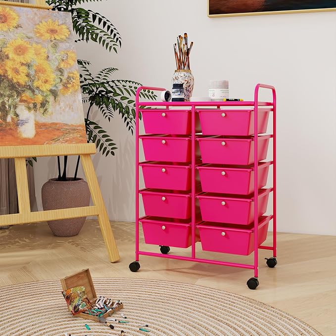 RELAX4LIFE 10-Drawer Rolling Storage Cart - Mobile Craft Art Supply Storage Organizer for Tool Scrapbook Paper Salon, Office School Classroom Teacher Rolling Cart with Drawers, Utility Cart on Wheels - Image 2