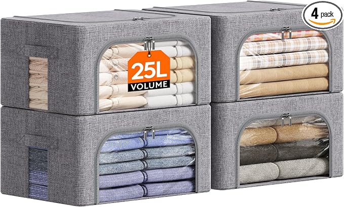 Lifewit Clothes Storage Bins with Metal Frame, Stackable Storage Box, Foldable Clothing Storage Bins with Lids, 25L Storage Bags Fabric Box Organizer with Clear Window＆ Zippers＆ Sturdy Handles 4 Pack by Lifewit