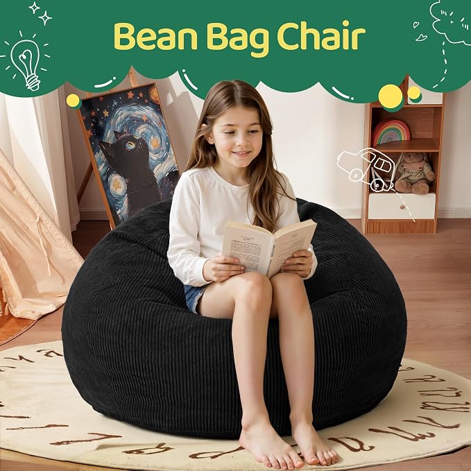 2FT Bean Bag Chair: 2' Small Bean Bags with Memory Foam Filled | Beanbag Chairs with Handle,Teardrop Bean Bag Sofa with Corduroy Machine Washable Cover for Living Room,Bedroom-Black - Image 3