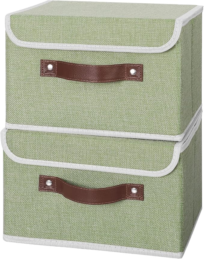 ANMINY Fabric Storage Box Bins with Lids, Green, 10"x8"x7", 2 Pack | Keepsake Memory Storage, Cotton Linen, PP Board Reinforced, Washable, PU Handles, Foldable & Stackable, Decorative, Small - Image 2
