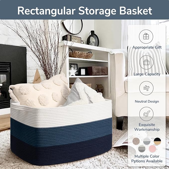 Goodpick Large Woven Rope Blanket Basket, Rectangle, Light Blue | 21.6'' x 14.9'' x 11.8'' Storage Basket for Toys, Books & Blankets, Bedroom & Nursery Organization, Reinforced Handles - Image 7