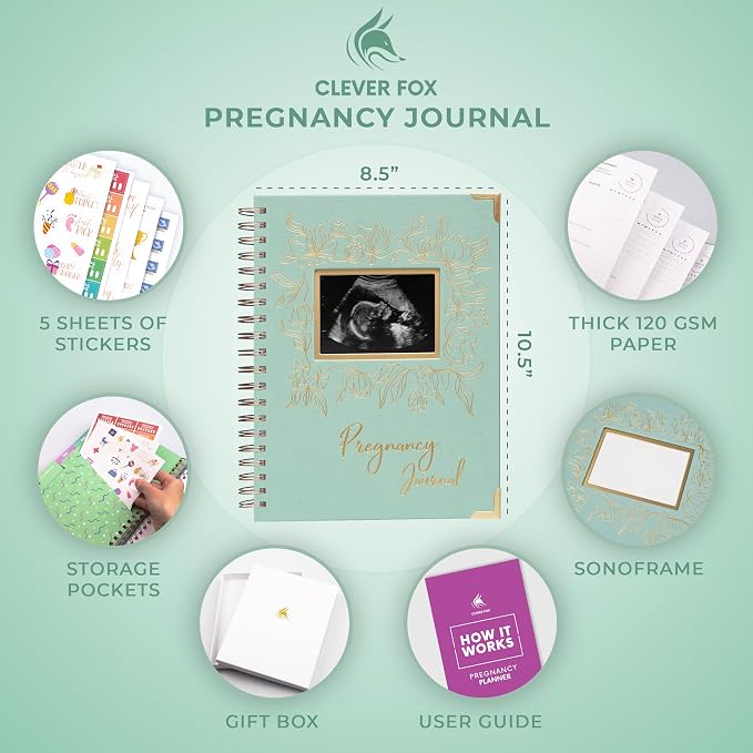Clever Fox Pregnancy Journal, Expecting First Time Mom Planner Mint Cream | SonoFrame edition, Organized pregnancy & baby diary with weekly countdown calendars & checklists, memory book 9 x 10.5 in - Image 2