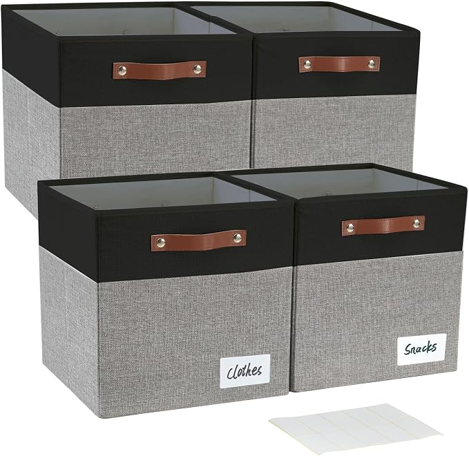 Collapsible Fabric Storage Cube Bins with 2 Reinforced PU Handles, Foldable Storage Organizer Baskets for Closet, Shelves, Living Room | 13"x13"x13", 4 Pack, Black & Gray by Bagnizer