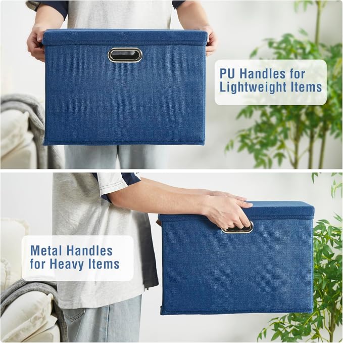 17" Large Fabric Storage Box with Lids, 3-Pack, Navy | Stackable, Foldable, 2 PU Handles and 2 Metal Handles, Decorative Fabric, For Home, Bedroom, Closet, Office, Nursery - Image 3
