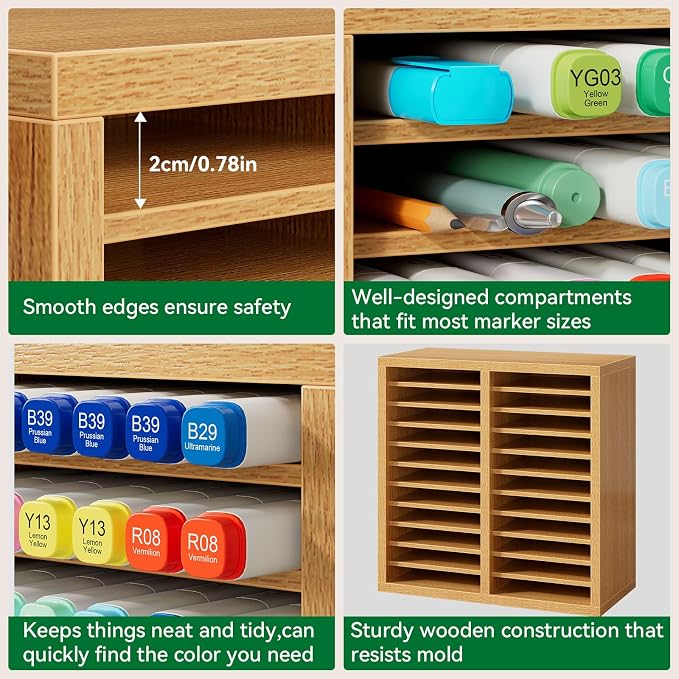 YMYNY Wooden Marker Organizer,Natural Wood Color11.81*5.31*11.81"HMR001N | Desktop Storage Hold 176 Markers,Pens,Pencils,Art Brushes Stationary Organizer Pencil Holder with 22 Compartments for Home - Image 2