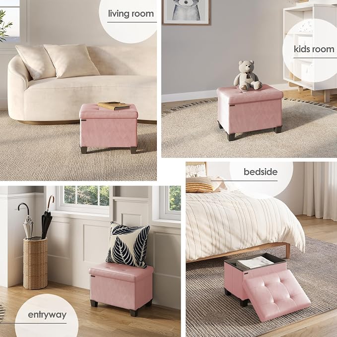 Storage Ottoman Cube with Small Bin, 16-in Square Ottoman with Storage for Living Room and Bedroom, Small Ottomans Foot Rest, Leather Foot Stools Ottomans Max 330lbs, Pink - Image 4