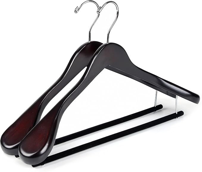 Luxury Wide Shoulder Wooden Hangers 2 Pack, with Velvet Bar, Smooth Mahogany Finish Wood Suit Hanger Coat Hanger for Closet, Holds Upto 20lbs, 360° Swivel Hook, for Jacket, Dress Heavy Clothes Hangers by QualityHangers
