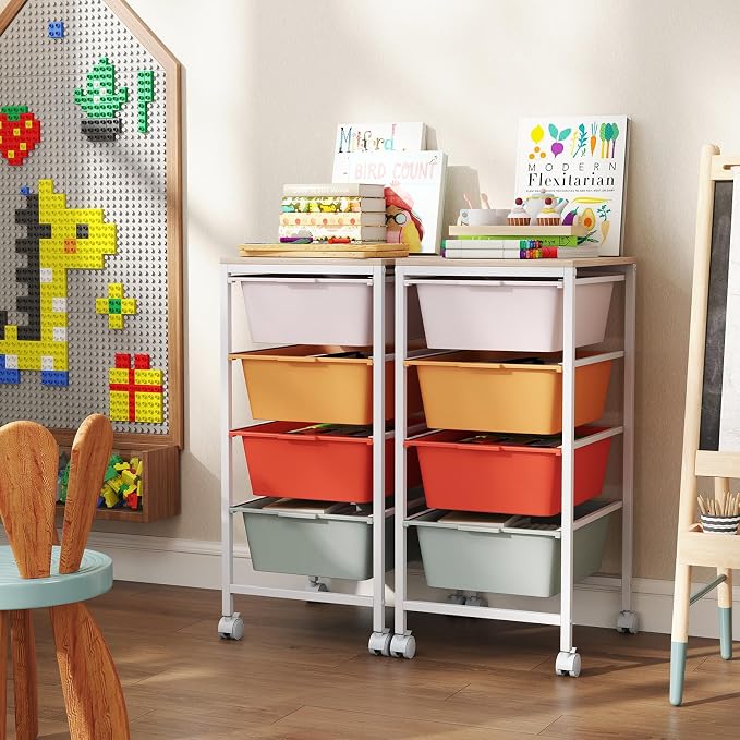 Giantex Rolling Storage Cart with 4 Drawers, Utility Cart w/Wooden Tabletop, Lockable Wheels, Multipurpose Organizer for Art Craft Scrapbook Paper, Drawer Carts for Dorm Classroom Office, Macaron - Image 2