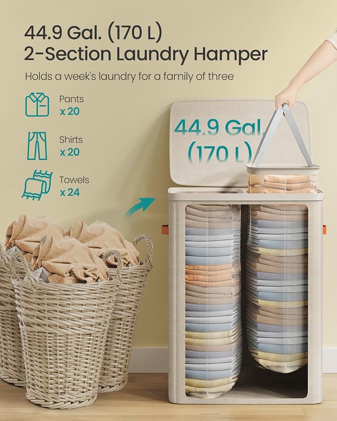 SONGMICS Laundry Basket, 44.9 Gal. Laundry Hamper, 2 Compartments, Easy Assembly, with Lid and Handles, Removable Liners, 22 x 15.7 x 29.5 Inches, Cappuccino Beige ULCB813L01 - Image 4