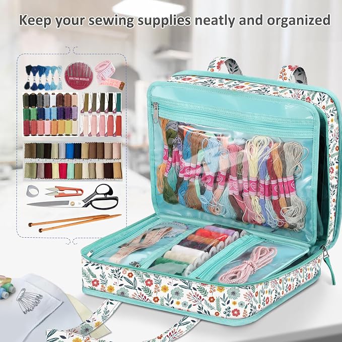 FINPAC Sewing and Craft Supplies Storage Tote Bag with Clear Pockets | Large Art Organizer Caddy Travel Packing Shoulder Bag for Knitting, Sewing Accessories, Spring Bloom - Image 4