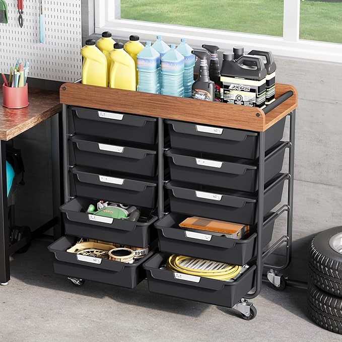 10 Drawers Rolling Cart with Wooden Tabletop, Utility Storage Cart with Wheels, Art Supply Craft Organizer on Wheel with Metal Frame & Handles for Home Office School,Black | Easy Setup, Large Capacity, Sturdy Build, Lockable Mobility, For office, class... - Image 2