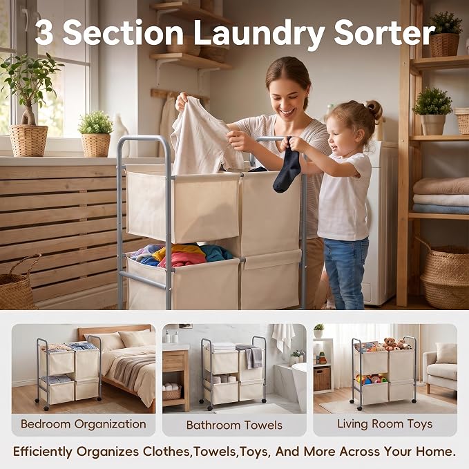 130L Laundry Hamper with Wheels, 3 Section Laundry Sorter Cart with Removable Bags, Rolling Clothes Hamper with Waterproof Lining, Sturdy Freestanding Canvas Laundry Basket for Laundry Room, Beige - Image 2