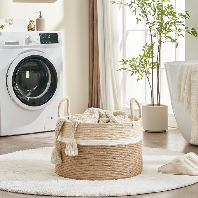 KAKAMAY Large Blanket Basket with Handles, Storage Basket for Living Room | Extra Large Capacity | Natural Cotton Rope | Blanket Storage | Woven Storage Basket | Stuffed Animal Storage | Laundry Basket - Image 3