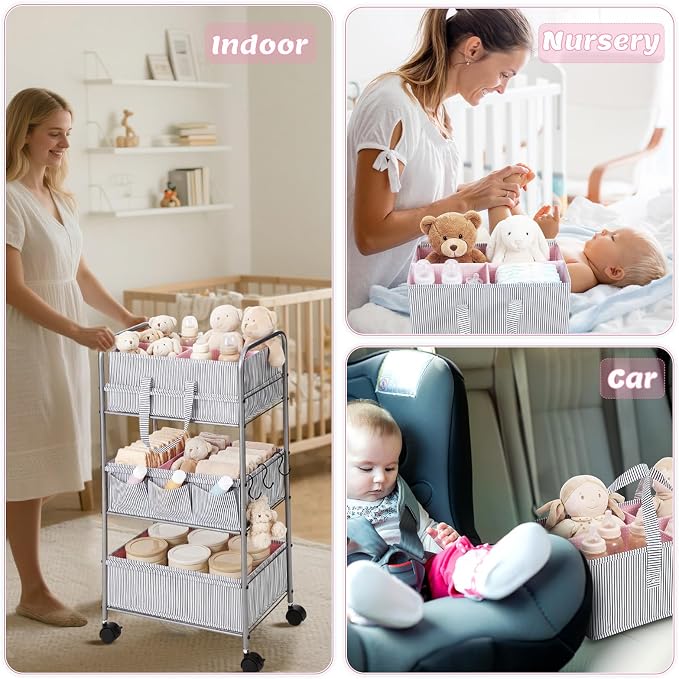 WILLBOND 2 in 1 Baby Diaper Caddy Organizer Cart, 3 Tier Large Stripe Bedside Rolling Cart Metal for Baby Essential with Divider for Newborn Registry Must Have Nursery Bedroom Mother Gift(Pink) - Image 4