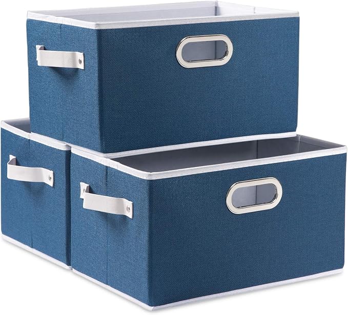 Large Collapsible Storage Baskets for Closet [3-pack] Decorative Fabric Storage Bins Cubes with Leather/Metal Handles for Shelves Bedroom Living Room Royal Blue (14.9x9.8x8.3 Inch) by Prandom
