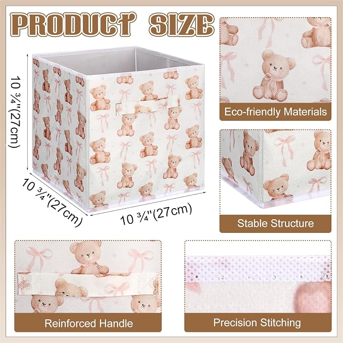 6 Pcs Pink Bow Teddy Bear Cube Storage Bins 11 Inch Storage Basket with Handle, Preppy Girls Organizer Basket, Collapsible Fabric Box for Classroom Bedrooms Office Home Decoration Gift - Image 2