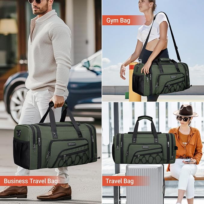 WITZMAN Mens Duffle Bag Expandable 50L Travel Gym with Shoe Compartment | Nylon, Large, With Dry-wet Pocket, Fits 16" Laptop, Carry-on Bag, For Sports Weekender Overnight, B695 Army Green - Image 2
