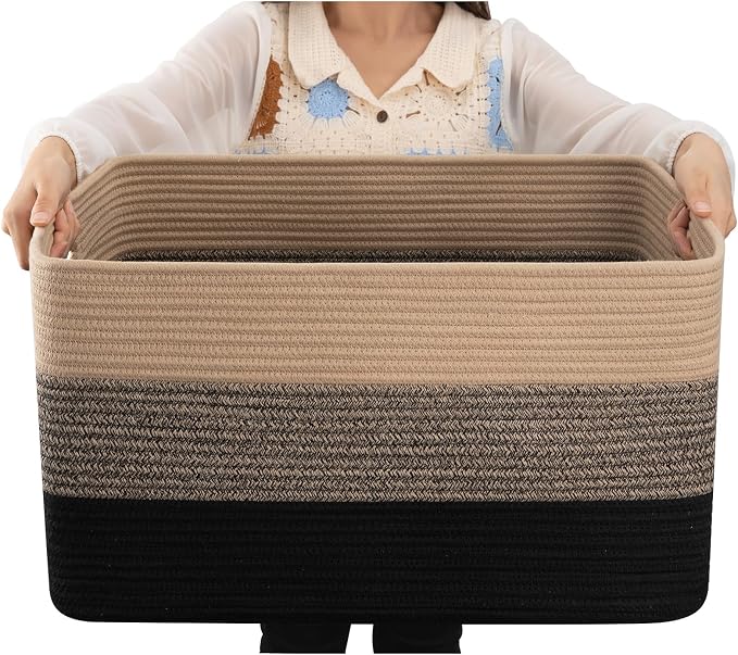 OIAHOMY Blanket Basket Laundry Basket Dog Toy Basket 75L Yellow Black | Large Storage Basket,Baby Basket,Toy Storage,Woven Rope Basket for Blankets,Blanket Storage for Living Room by MasterofSpaceOptimization