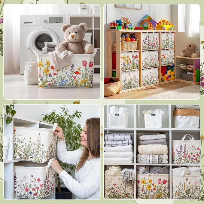 CHENGU 6 Pack Flower Storage Bins Collapsible Wildflower Baskets with Handles Large Multicolored Flower Basket Farmhouse Foldable Organizers Rustic Summer Home Decor for Spring Bedroom Office Home - Image 6