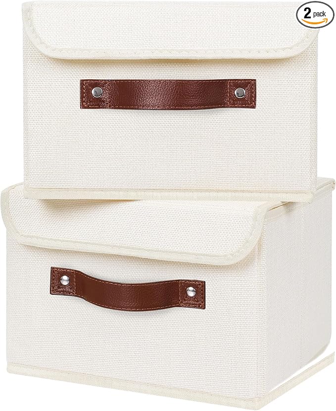 ANMINY Fabric Storage Box Bins with Lids, Beige, 10"x8"x7", 2 Pack | Keepsake Memory Storage, Cotton Linen, PP Board Reinforced, Washable, PU Handles, Foldable & Stackable, Decorative, Small by ANMINY