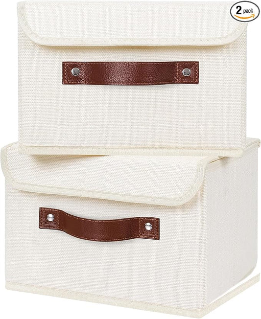 ANMINY Fabric Storage Box Bins with Lids, Beige, 10"x8"x7", 2 Pack | Keepsake Memory Storage, Cotton Linen, PP Board Reinforced, Washable, PU Handles, Foldable & Stackable, Decorative, Small by ANMINY