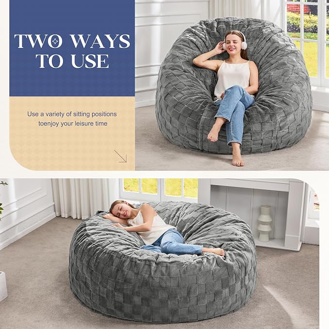 Hobestluk Giant Bean Bag Chairs 6FT Oversized BeanBag Chair for Adult Jumbo | Memory Foam,Washable Cover,Unique Fluffy Plaid,Comfy Bean Bag Bed with Filler Gaming Reading Bedroom Living Room | Grey 6FT - Image 3
