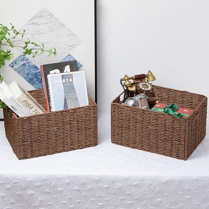 Wicker Storage Basket, Set of 2 Hand-Woven Paper Rope Wicker Basket, Small Storage Baskets for Organizing Toilet Paper Basket, Foldable Large Cube Storage Organizer Bins for Shelves (Brown) - Image 7