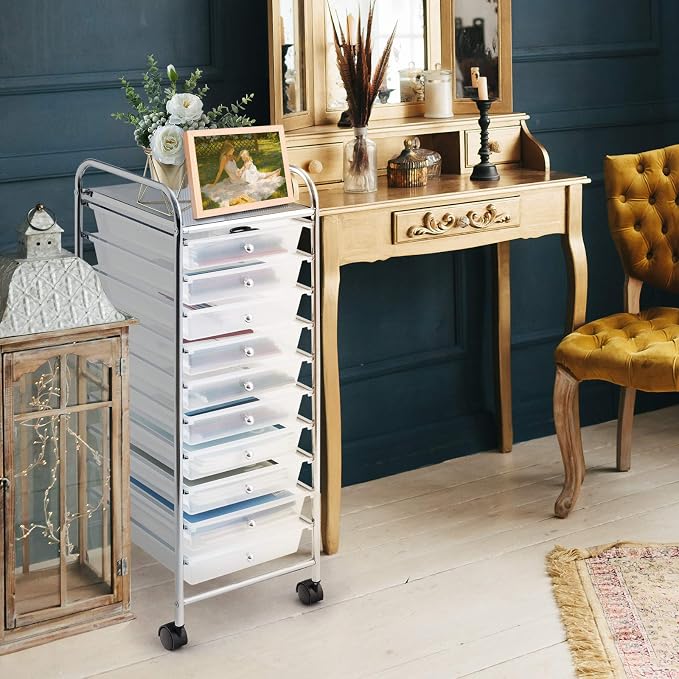 GOFLAME 10-Drawer Rolling Storage Drawer Cart, Utility Cart with Removable Drawers & Metal Frame, Mobile Art Craft Drawer Cart with Lockable Wheels for Home, Office, Studio, School, Clear - Image 9