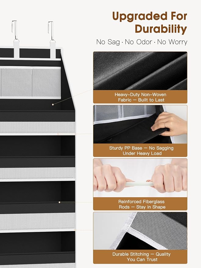 2 Pack Over the Door Organizer, Heavy-Duty 6-Shelf Hanging Storage with 13 Mesh Pockets, 55lbs Capacity Behind the Door Storage for Nursery, Bathroom, Bedroom, and Dorm, Black - Image 3