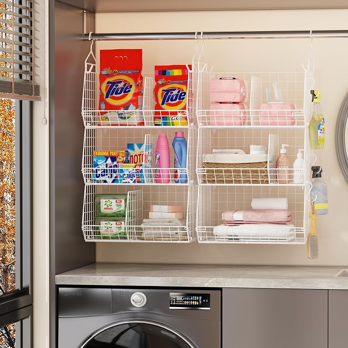 6 Tier Extra Large Hanging Closet Organizer, Closet Storage Hanging with Dividers, Wire Closet Shelf with 5 S Hooks 4 Dividers,Sweater Handbag Hat Accessory Storage Hanger,White - Image 4