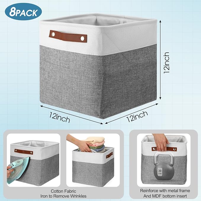 Uiifan 8 Pack 12 x 12 x 12 Inch Large Storage Baskets Collapsible Fabric Storage Cubes Bins with Handles for Shelves Closets Nursery Home Clothes Toys Organizers, Gray - Image 3