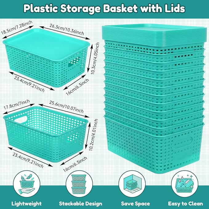 12 Pack Plastic Storage Baskets with Lids Stackable Organizing Bins Storage Baskets Organizers and Containers for Closet, Pantry, Office, 10.2 x 7.2 x 4.1 Inches(Teal) - Image 3