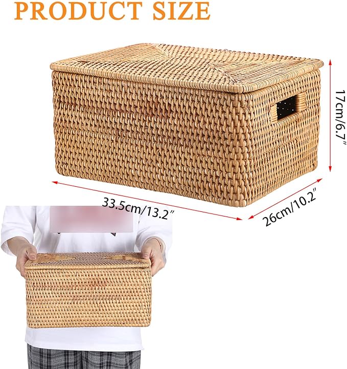 Hipiwe Wicker Storage Bin with Lid & Handle Handwoven Rattan Shelf Baskets | Rectangular Decorative Baskets Box Household Basket Boxes for Home Organizing,13.2"Lx10.2"Wx6.7"H - Image 2