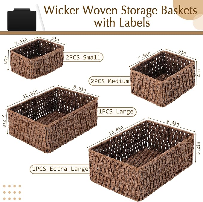 Marsui 6 Pcs Wicker Storage Baskets for Pantry Organization with Labels Handwoven Paper Rope Multi-size Brown Wicker Storage Bins for Organizing Small Baskets Container for Shelves Closet Toilet - Image 2